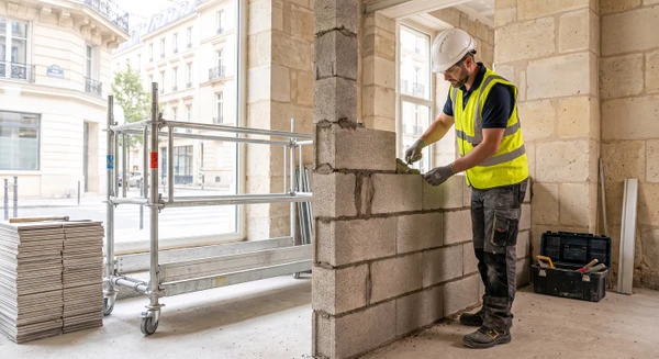 Photographie réaliste en plein jour montrant un chantier de maçonnerie ou de cuisine : soit un mur en cours de construction avec joints de mortier et blocs de béton ou brique visibles, soit une cuisinette/cuisine en cours d'installation montrant des travaux de structuration (ossature, tuyauteries, électricité), avec un artisan ou sous-traitant professionnel en train de travailler. La scène doit clairement montrer des tâches relevant de la maçonnerie (construction, jointoiement, enduit brut) ou de l'agencement cuisine (installation de structures, raccordements). Éclairage naturel, qualité photographique professionnelle, pas de clichés génériques.