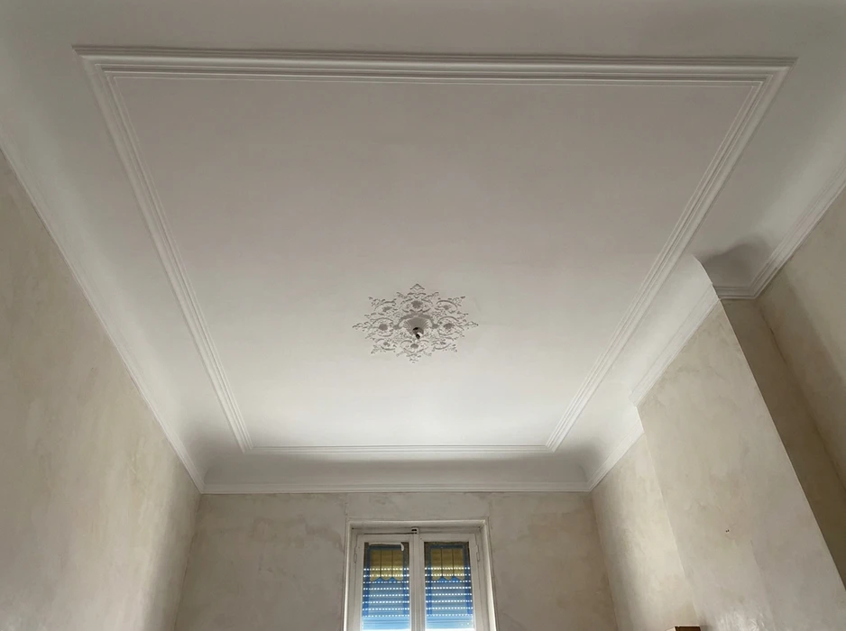 Plafond blanc immaculé en staff, orné d'une rosace centrale à motifs floraux et feuillages en relief, point de fixation pour luminaire au centre