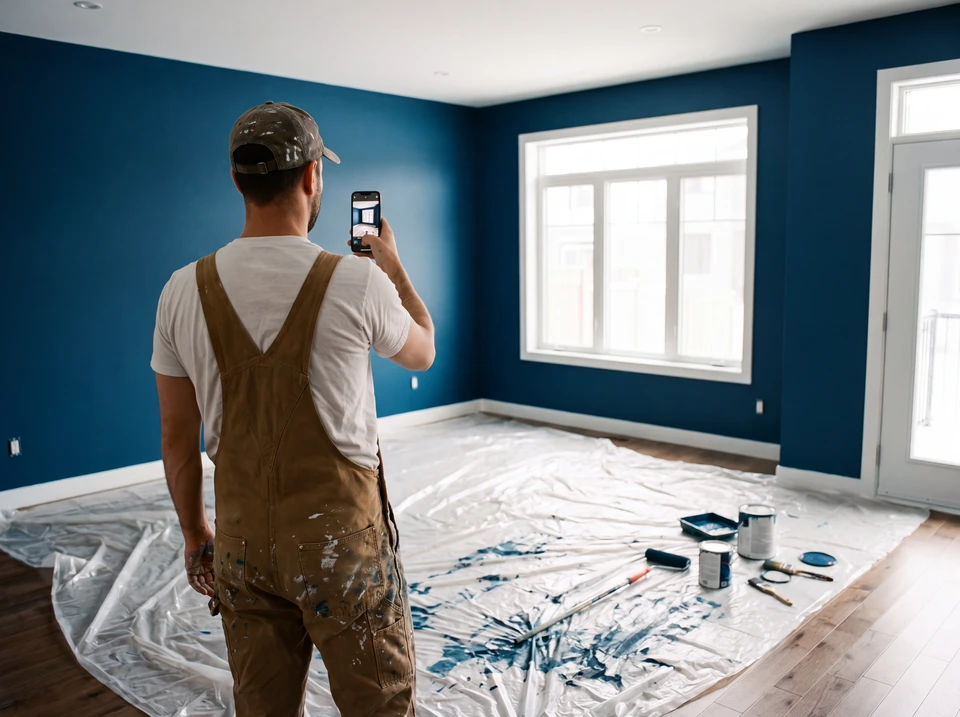 Chantier de peinture intérieure en cours dans une salle à manger de style provençal